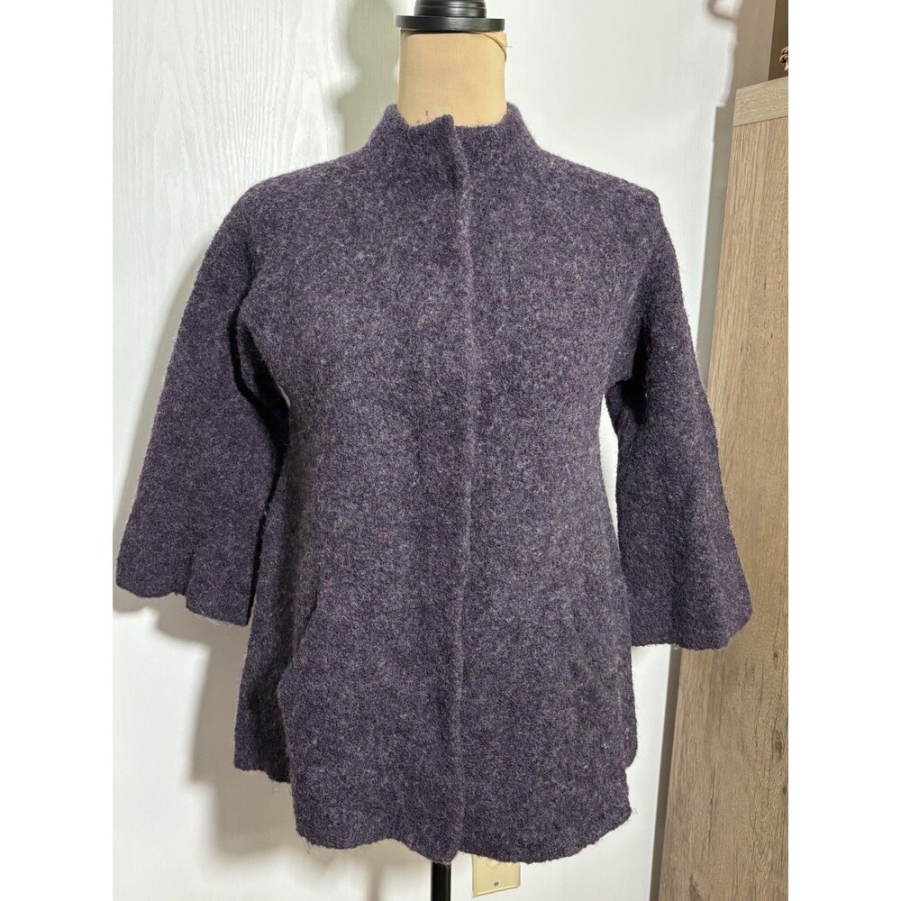 Eileen Fisher Swing Jacket  Womens Medium Petite Purple Wool Blend Hidden Snap